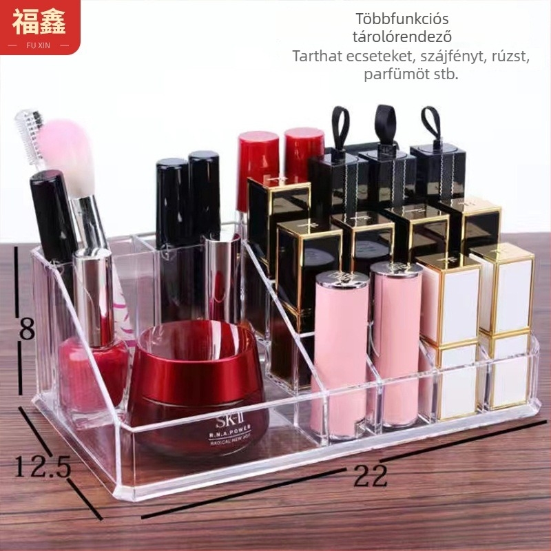 16 rekeszes rúzs- és lip gloss-tároló asztali kozmetikai rendező — akril, porálló
