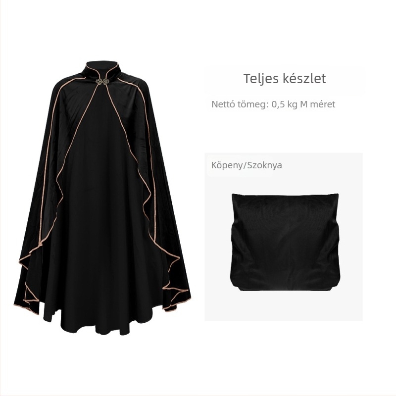 Halloween középkori köpeny álló gallérral, luxus suede anyag, arany díszítés, felnőtt cosplay köpeny
