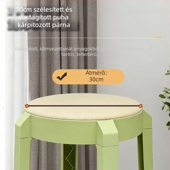 Kivehető párnázott kör alakú műanyag szék, rakható tároláshoz, modern minimalista kialakítás, vastagabb puha bevonat otthoni használatra