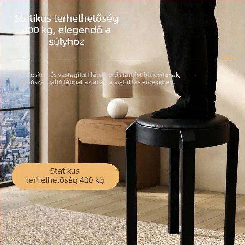 Kivehető párnázott kör alakú műanyag szék, rakható tároláshoz, modern minimalista kialakítás, vastagabb puha bevonat otthoni használatra