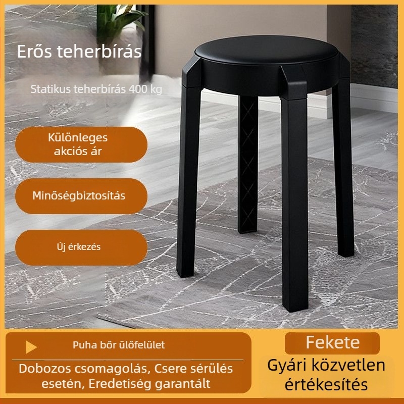 Kivehető párnázott kör alakú műanyag szék, rakható tároláshoz, modern minimalista kialakítás, vastagabb puha bevonat otthoni használatra