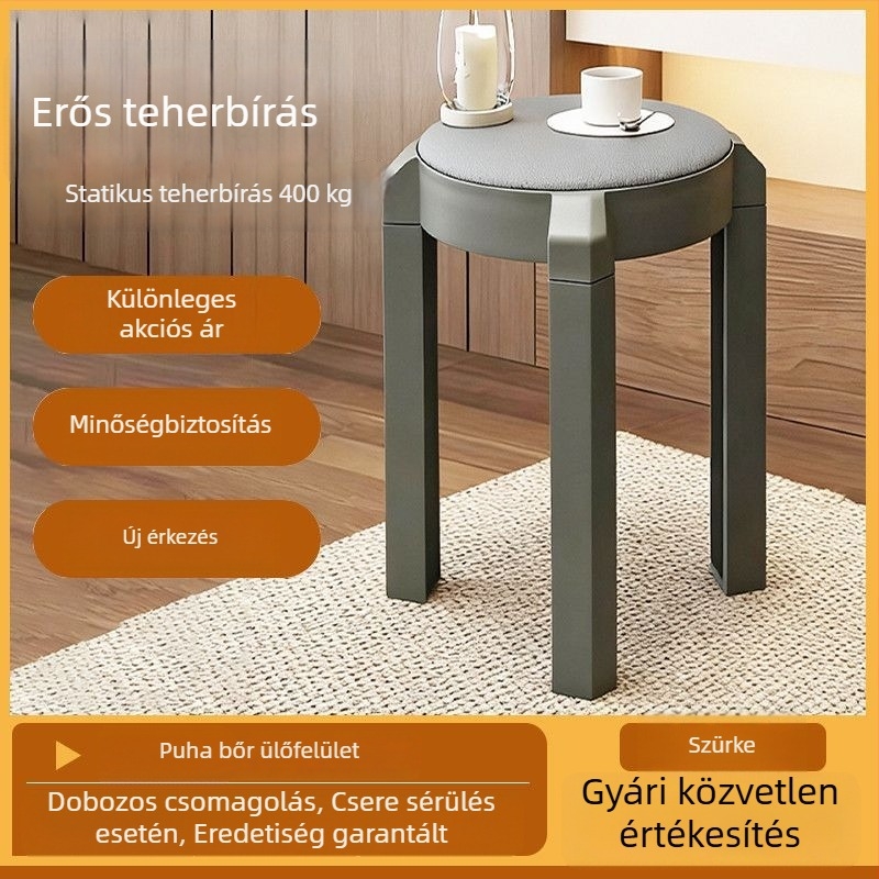 Kivehető párnázott kör alakú műanyag szék, rakható tároláshoz, modern minimalista kialakítás, vastagabb puha bevonat otthoni használatra