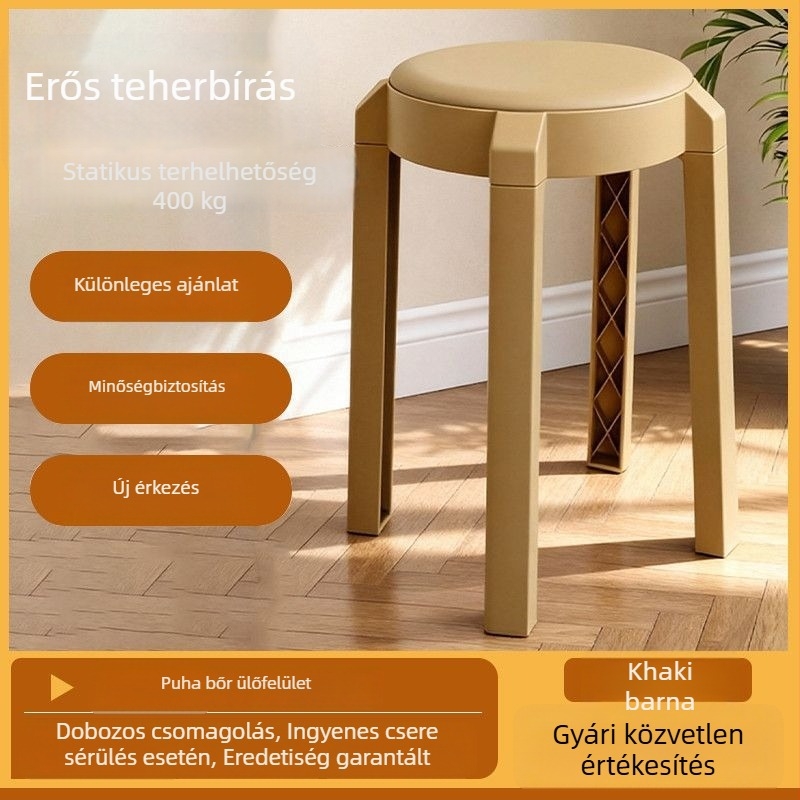 Kivehető párnázott kör alakú műanyag szék, rakható tároláshoz, modern minimalista kialakítás, vastagabb puha bevonat otthoni használatra