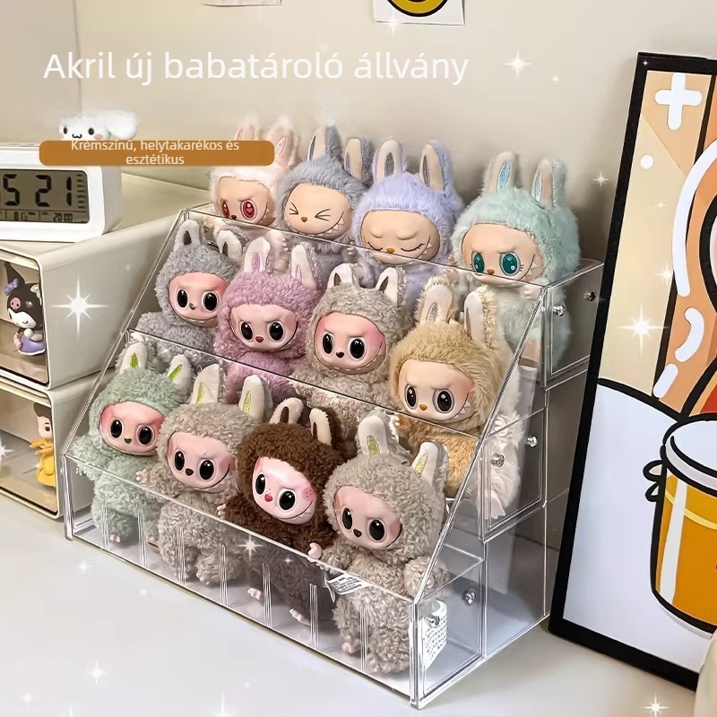 Átlátszó akril soros bemutatóállvány babáknak és figuráknak, Pop Mart figurák tárolóállványa