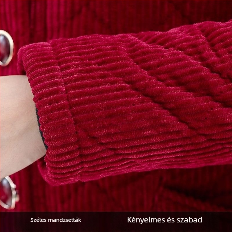Corduroy téli kabát nőknek, fleecével bélelt és vastagított, kapucnival, lazán szabott, középkorú és idős nők számára
