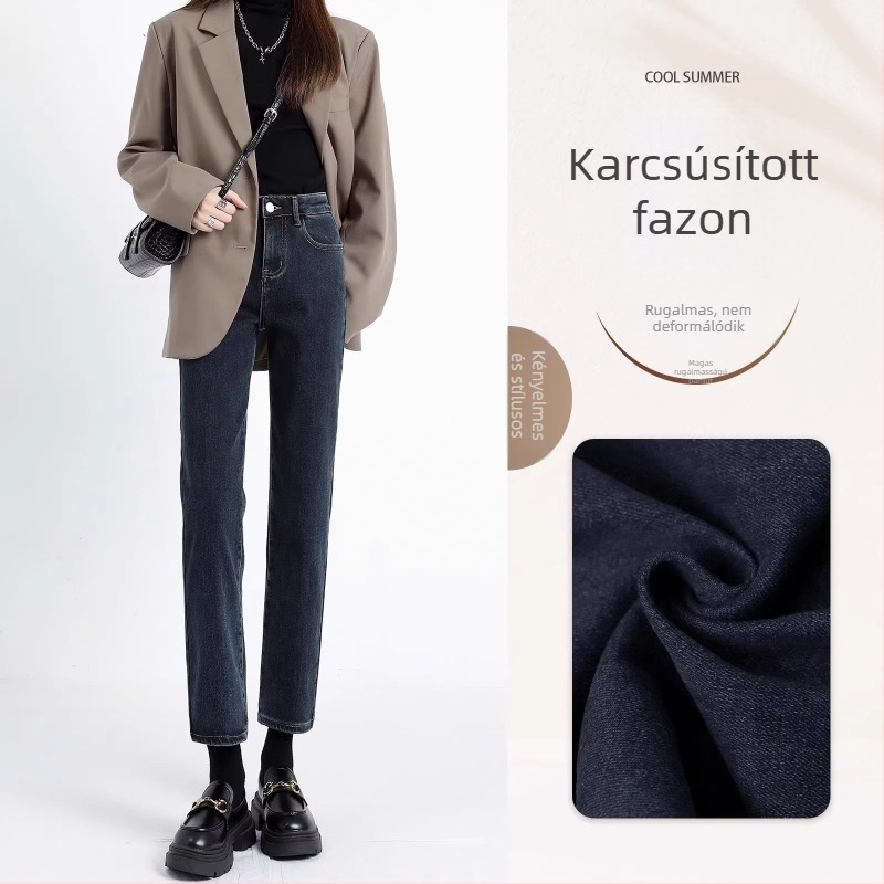 Magas derékú, karcsúsított egyenes farmernadrág cropped, 9/10 hossz, rugalmas denim, kisméretű testalkathoz, 2026 tavasz