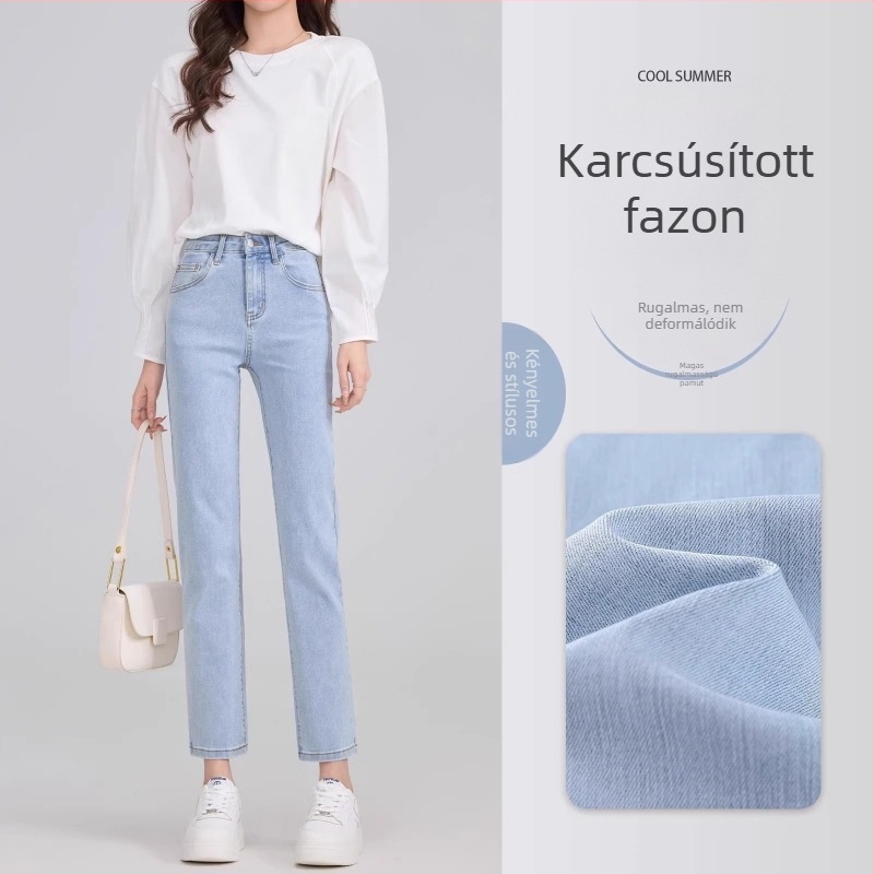Magas derékú, karcsúsított egyenes farmernadrág cropped, 9/10 hossz, rugalmas denim, kisméretű testalkathoz, 2026 tavasz