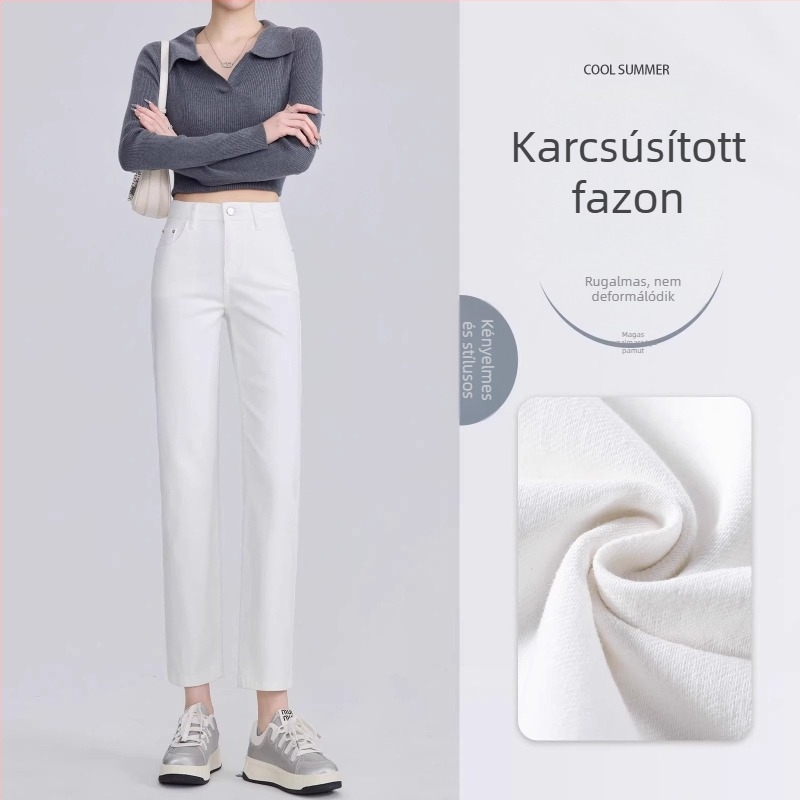 Magas derékú, karcsúsított egyenes farmernadrág cropped, 9/10 hossz, rugalmas denim, kisméretű testalkathoz, 2026 tavasz