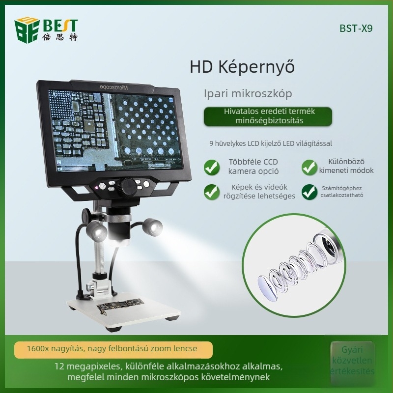 9 hüvelykes digitális mikroszkóp, 1600x nagyítás, HD ipari nagyító a nyomtatott áramkörök vizsgálatához, forrasztáshoz és javításokhoz
