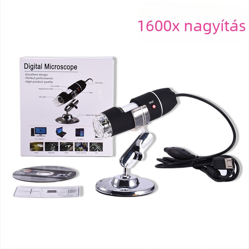 HD USB digitális mikroszkóp, hordozható 1600x – 3 az 1-ben nagyító 8 LED-del