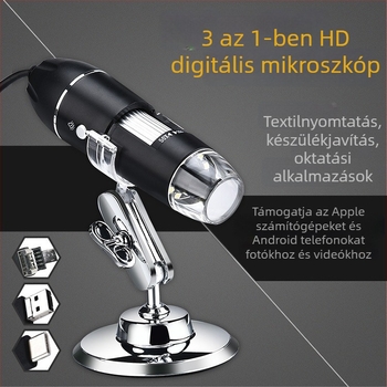3 az 1-ben nagy felbontású digitális mikroszkóp, Windows, macOS és Android kompatibilis, nagyítás 1000x-1600x