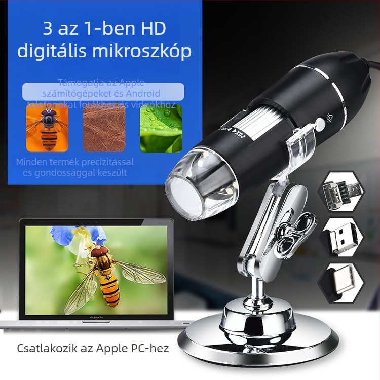 3 az 1-ben nagy felbontású digitális mikroszkóp, Windows, macOS és Android kompatibilis, nagyítás 1000x-1600x
