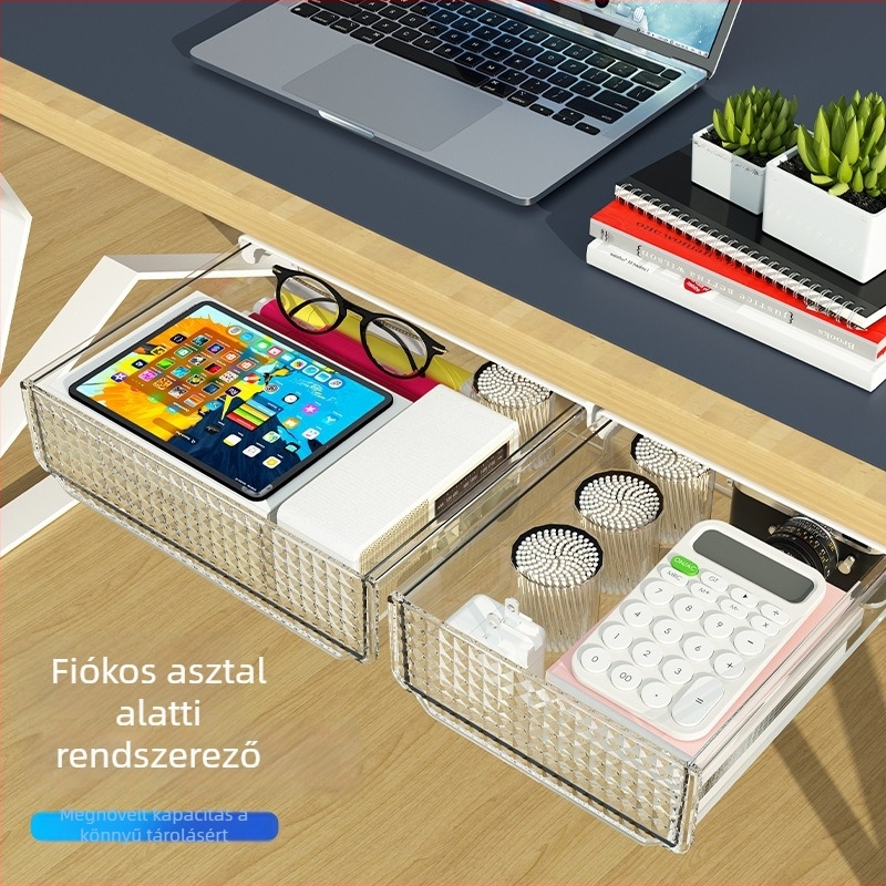 Íróasztal alatti fiókos tároló doboz fedéllel — rejtett asztali szervező csendes csúszással