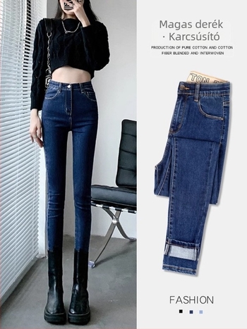 Női skinny farmernadrág, magas derék, sötétkék, hosszított szabás, elasztikus