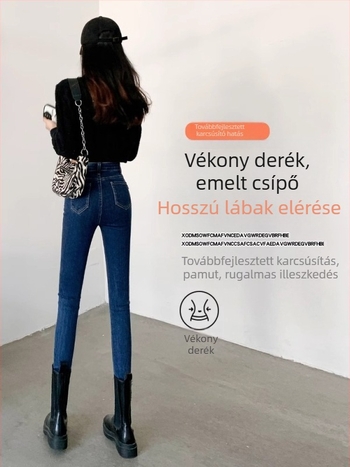 Női skinny farmernadrág, magas derék, sötétkék, hosszított szabás, elasztikus