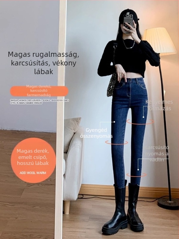 Női skinny farmernadrág, magas derék, sötétkék, hosszított szabás, elasztikus