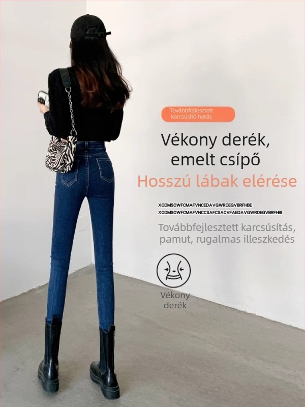 Női skinny farmernadrág, magas derék, sötétkék, hosszított szabás, elasztikus