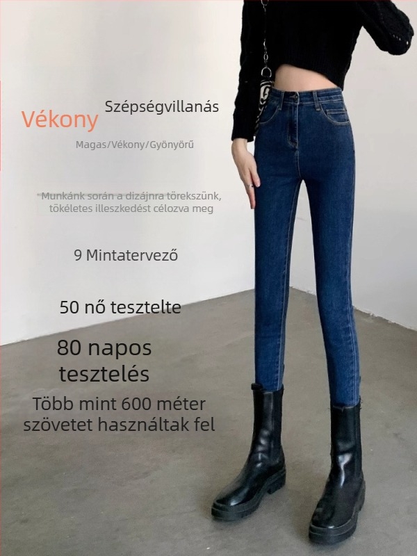 Női skinny farmernadrág, magas derék, sötétkék, hosszított szabás, elasztikus