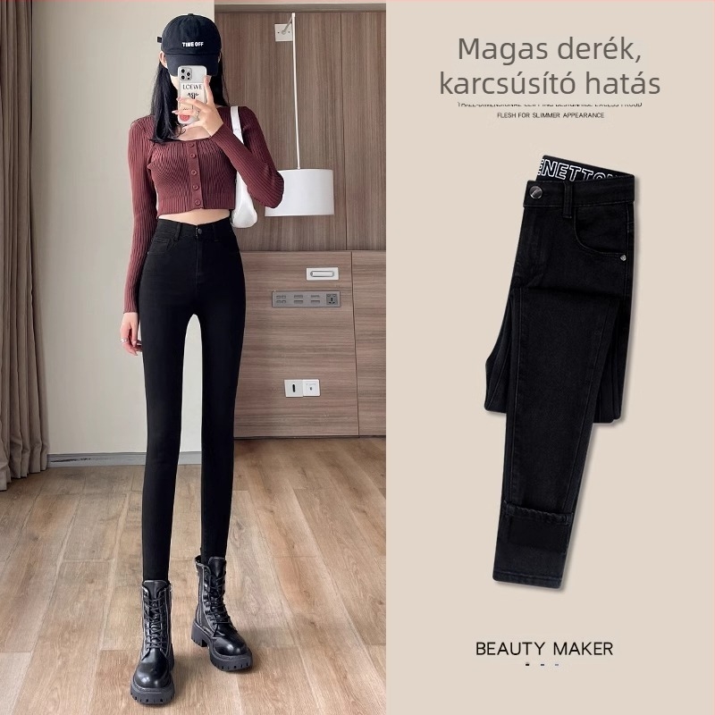 Női skinny farmernadrág, magas derék, sötétkék, hosszított szabás, elasztikus
