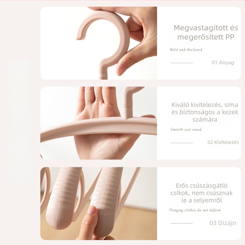 Széles vállú, vastag műanyag ruhakasztó, csúszásmentes és nyommentes, forgatható, háztartási használatra