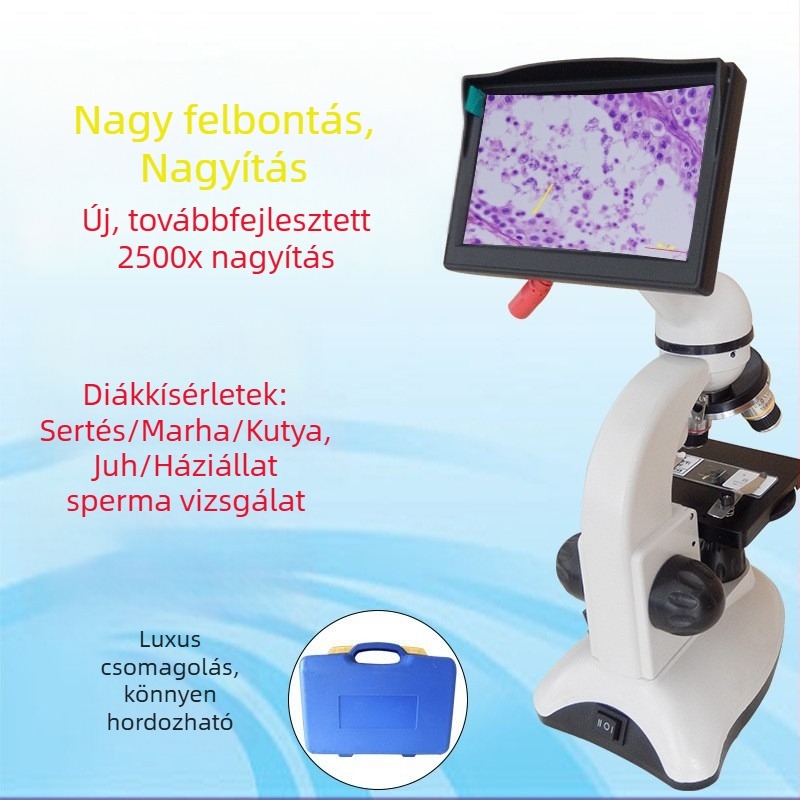 Biológiai mikroszkóp 5000x erős megvilágítással, spermium megfigyelésére középiskolások számára