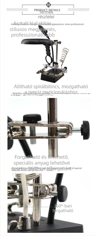 LED világítású nagyító üveggel, tápegységgel és tartóval, állványos típus, multifunkcionális asztali forrasztó eszköz telefonjavításhoz