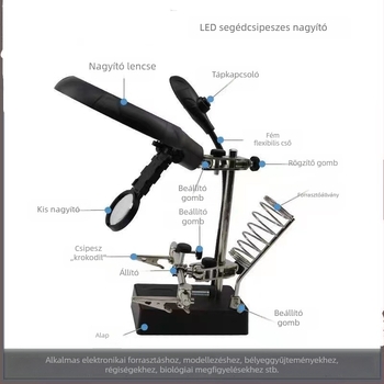 LED világítású nagyító üveggel, tápegységgel és tartóval, állványos típus, multifunkcionális asztali forrasztó eszköz telefonjavításhoz
