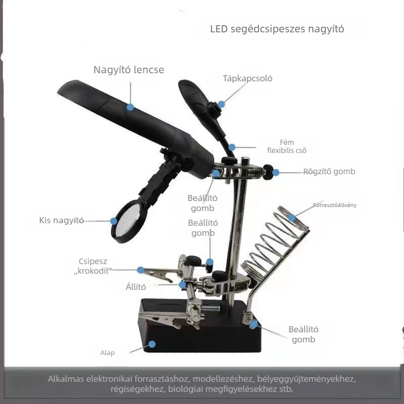 LED világítású nagyító üveggel, tápegységgel és tartóval, állványos típus, multifunkcionális asztali forrasztó eszköz telefonjavításhoz