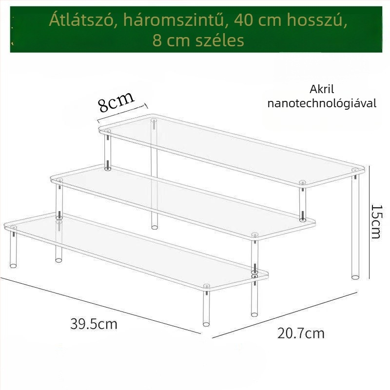 Átlátszó lépcsőzetes polcokkal rendelkező akril kijelzőállvány figuráknak és parfümök tárolásához