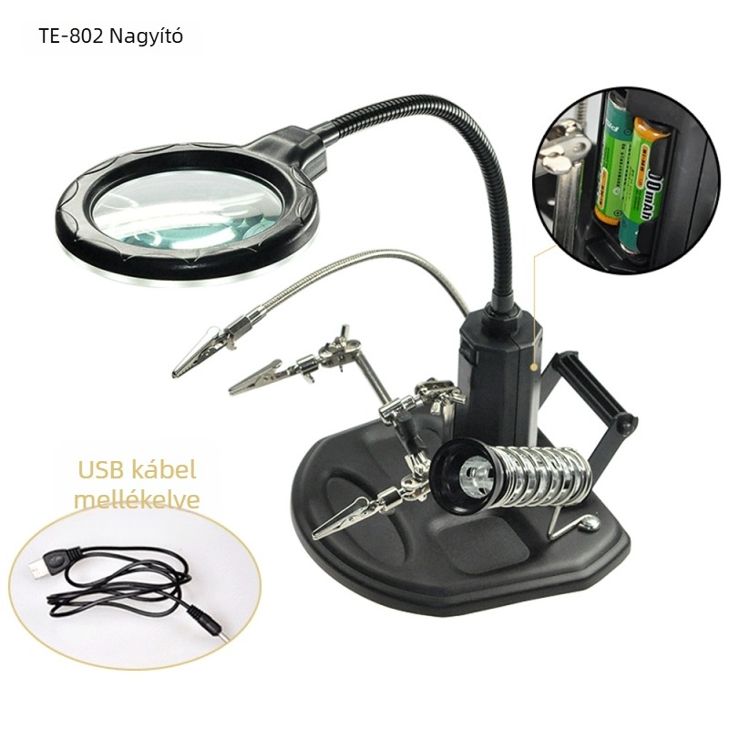 TE-802 PCB javítási állvány LED világítással, nagyítóval és forrasztópáka tartóval
