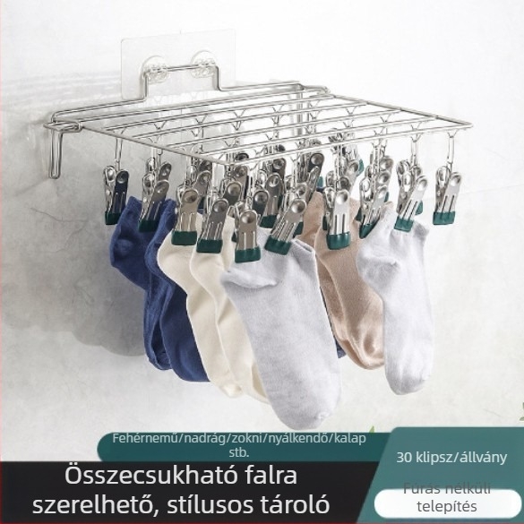 Összecsukható falra szerelhető rozsdamentes acél zokniszárító és tároló, szerelés nélküli, otthon és kollégium számára