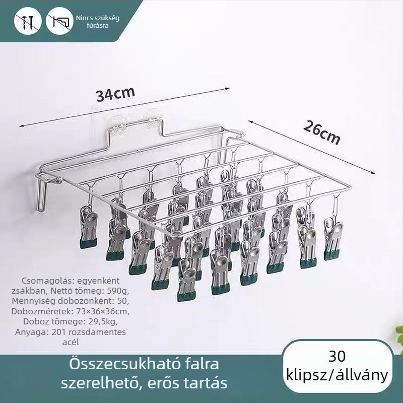 Összecsukható falra szerelhető rozsdamentes acél zokniszárító és tároló, szerelés nélküli, otthon és kollégium számára