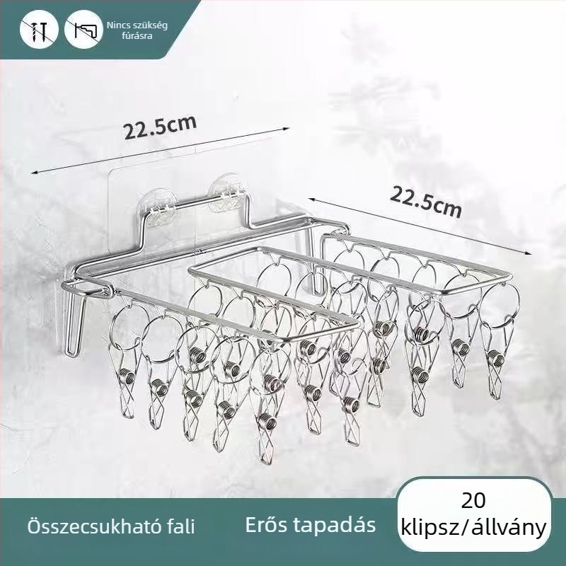 Összecsukható falra szerelhető rozsdamentes acél zokniszárító és tároló, szerelés nélküli, otthon és kollégium számára