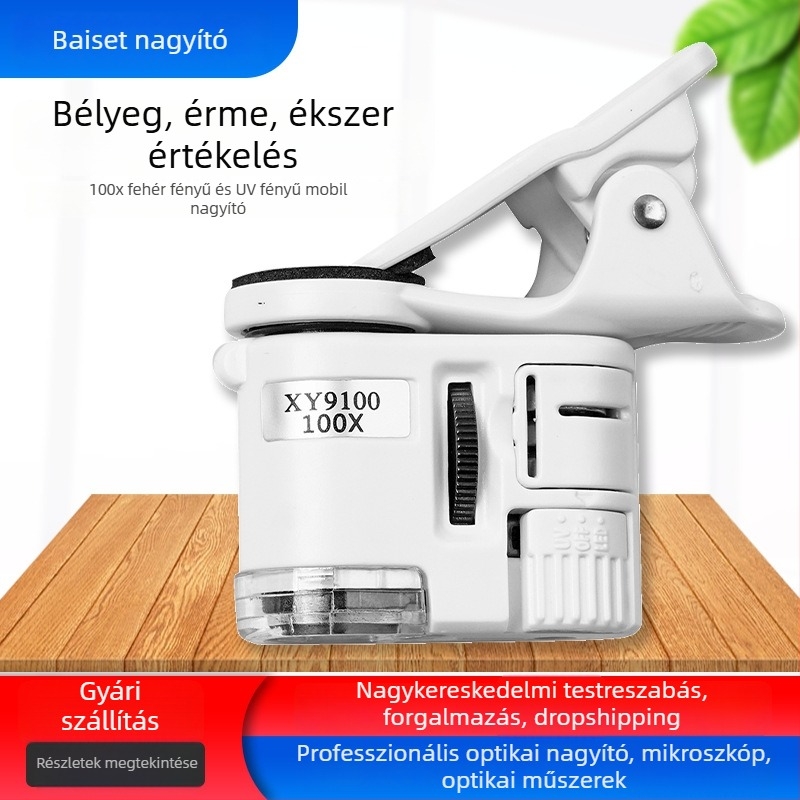 LED nagyító 100x, dupla fehér és lila világítással, érmék és bélyegvek azonosítására, modell 9100