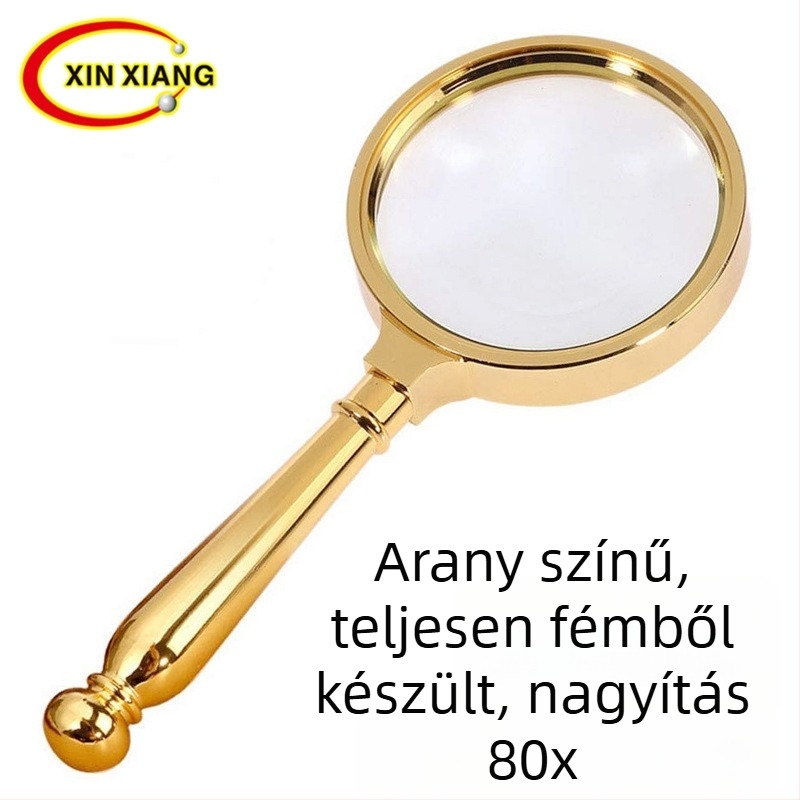 8 cm-es cinkötvözet keretű kézi nagyító, 5x nagyítású, optikai üveg lencsével, antik bronz/arany színben.