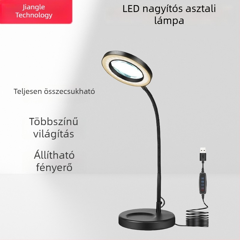 LED összecsukható nagyító lámpa csiptetős kivitelben, USB olvasólámpa és multifunkcionális asztali lámpa