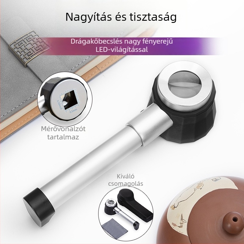 Kézben tartható, hordozható fémből készült nagyító LED-es világítással, 45× nagyítás, skálával, HD nagyító olvasáshoz felnőtteknek és gyerekeknek