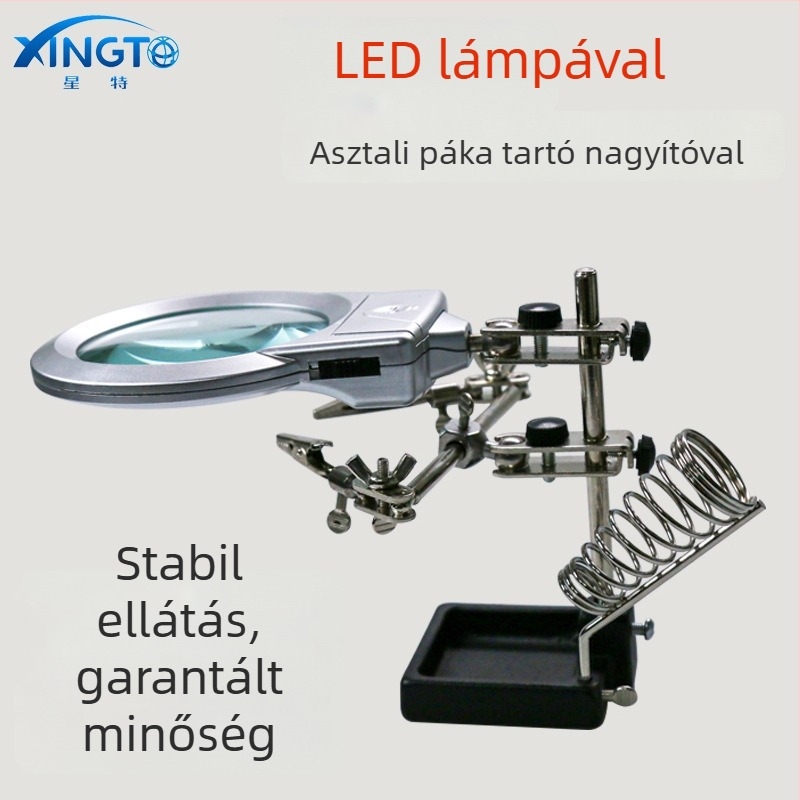 Star Xingte 16129-A Asztali nagyító két LED-del, 3x nagyítás, rögzítő klipsz, fém/plasztik/üveg lencse