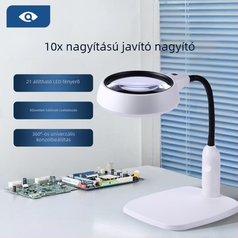 Asztali nagyító 10x-es nagyítással, LED világítással, elektronikai javításokra és mikrogravírozásra PCB-ken.