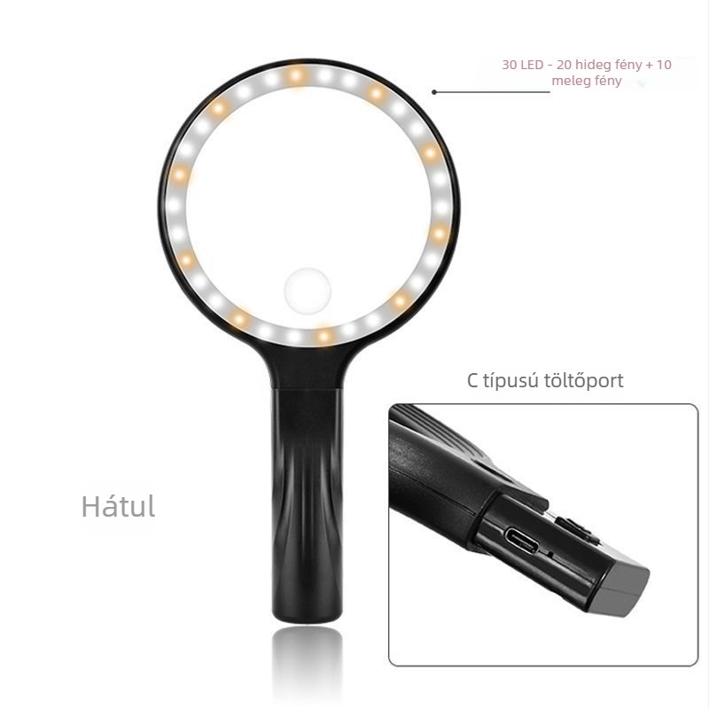 Töltőre csatlakoztatható nyakba akasztható nagyító, 30 LED-del, 10x nagyítás, 138 mm lencse, asztali és kézi használatra