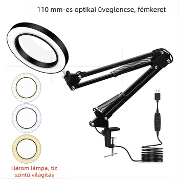 10× 160 mm-es háromszínű LED asztali lámpa üveggolyós nagyítóval, klipp-tel, olvasáshoz, kozmetikai (szemöldök-tetoválás), hímzéshez és javításokhoz