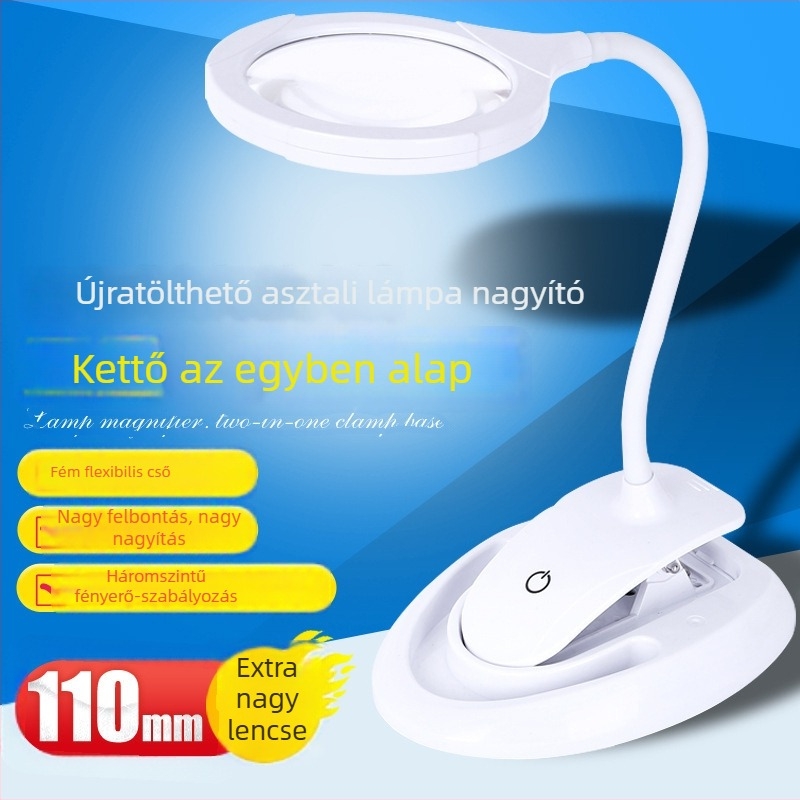 Töltőre csatlakoztatható háromfokozatú fényerősségű optikai nagyító, 5–10× nagyítás, több LED-del, asztali rögzítésű olvasáshoz és javításhoz