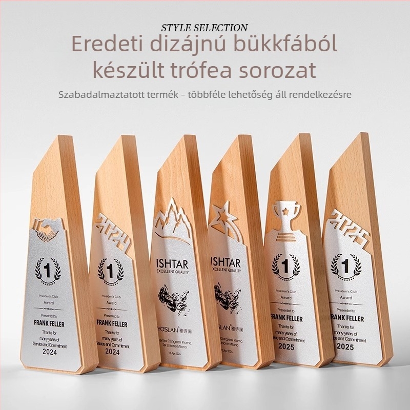 Új prémium tömörfa trófea kreatív gravírozással és üreges fém plakettel az éves díjátadó ceremóniára, kiemelkedő munkatársak elismerésére
