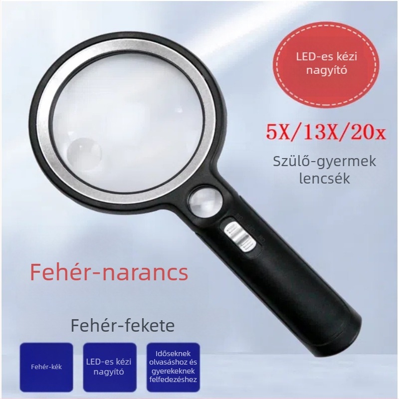 Ance 6906 Akril lencsés kézi nagyító, 5x/13x/20x nagyítás, 30 LED világítás, UV fény, 90 mm olvasó nagyító