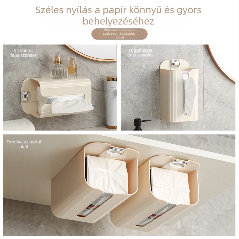 Krémszínű falra szerelhető zsebkendő tartó és tároló polc fürdőszobába és konyhába, fúrás nélküli szerelés, könnyű luxus stílus