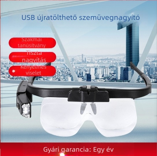 USB újratölthető fejre szerelhető nagyító, hat nagyítási szinttel és LED olvasófénnyel, chip javítására és antik tárgyak értékelésére