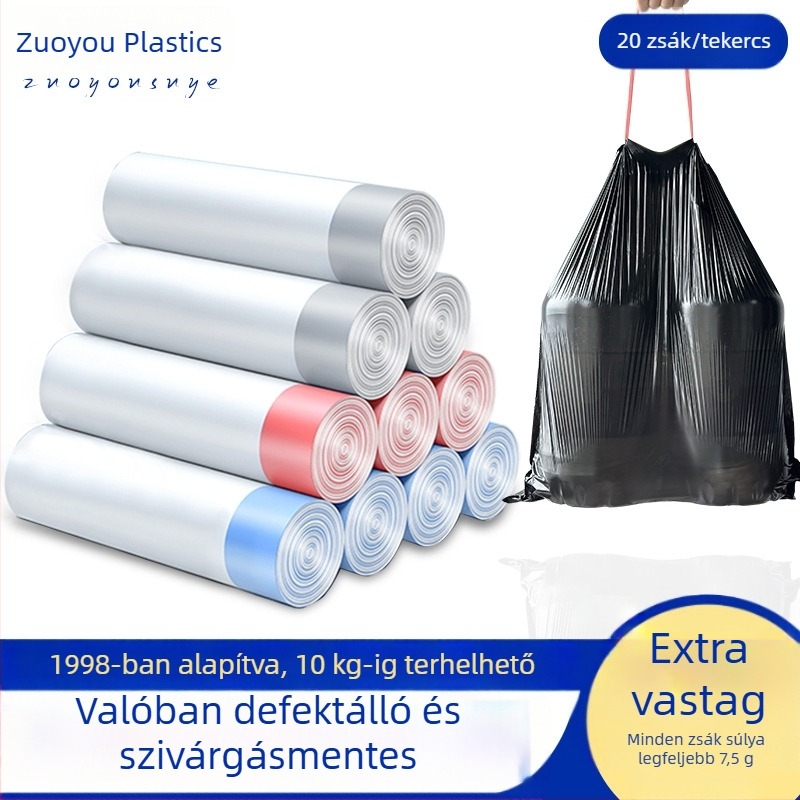 Otthoni használatra készült húzózsinóros, extra vastag, nagy méretű szemeteszsák – fekete konyhai szemeteszsák