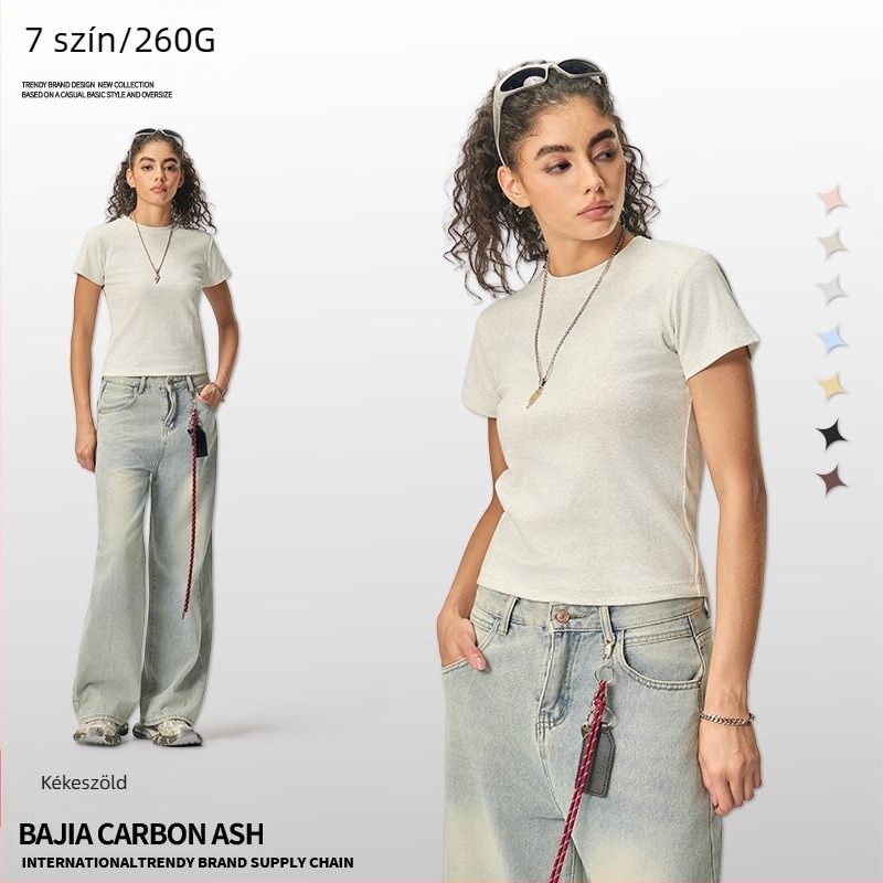 Nyári amerikai stílusú crop top, rövid ujjú, egyszínű női slim-fit póló, 260 g