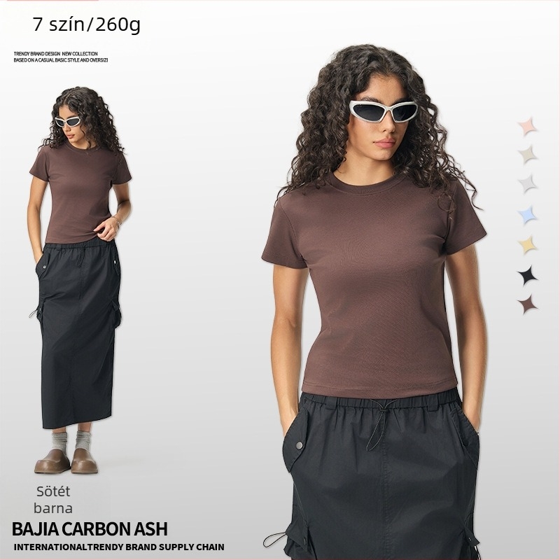 Nyári amerikai stílusú crop top, rövid ujjú, egyszínű női slim-fit póló, 260 g
