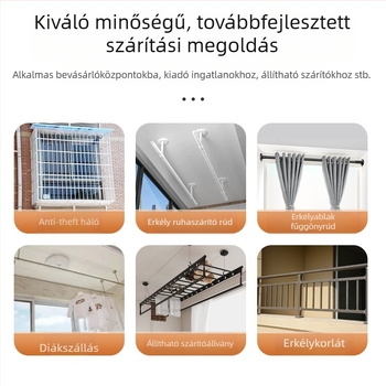 Rozsdamentes acél teleszkópos ruhaszárító rúd erkélyre, felső rögzítés kampókkal